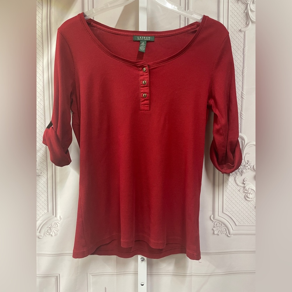Lauren Ralph Lauren ribbed vintage Henley with faux suede roll tab  L shirt